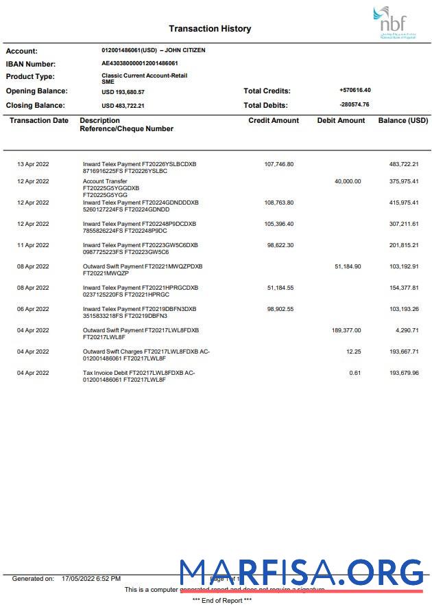 Downloadable UAE Fujeirah National bank (NFB) statement word sample